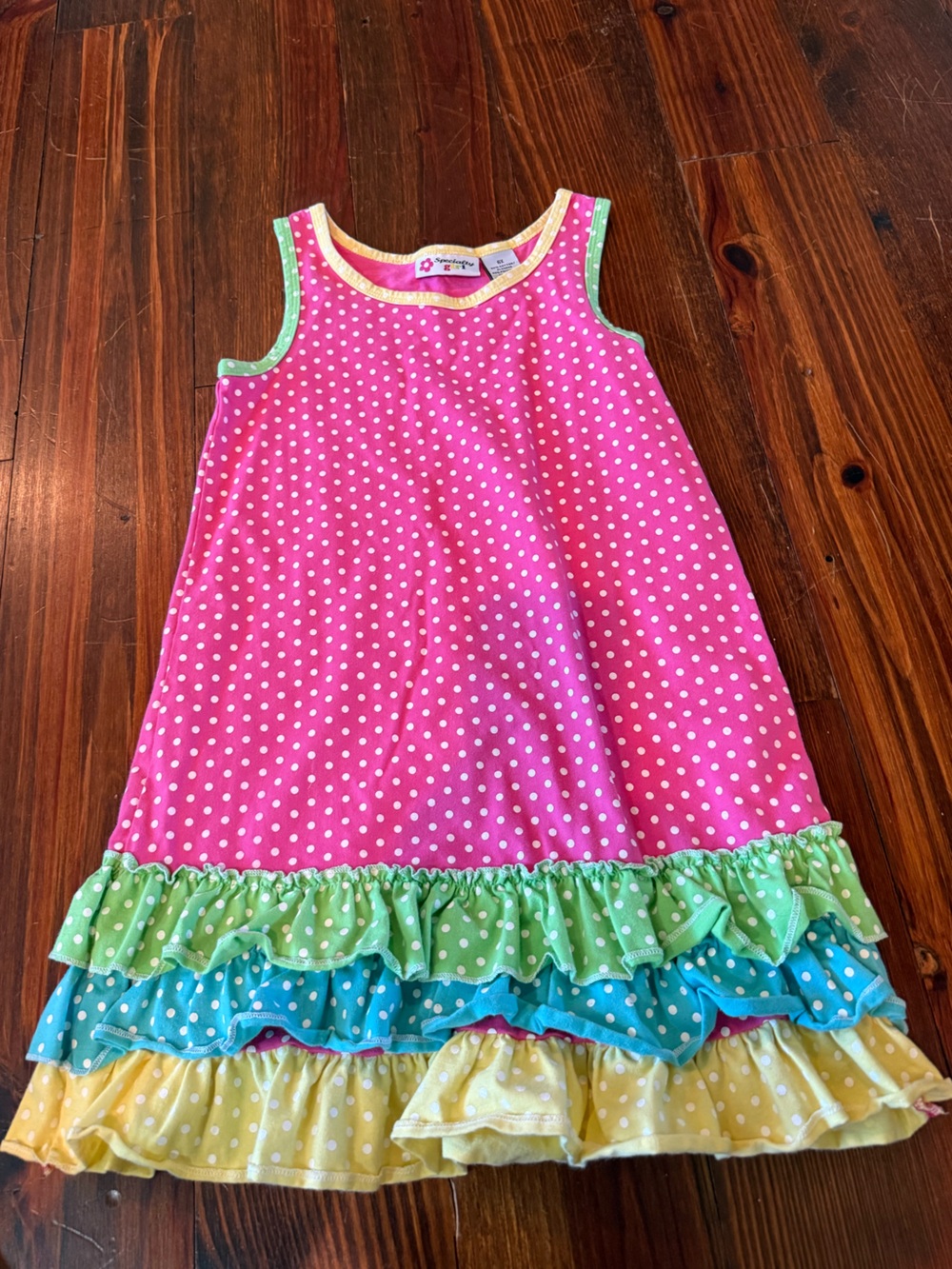 Specialty Girl Pink Polka Dot Ruffle Hem Dress with Green, Blue & Yellow